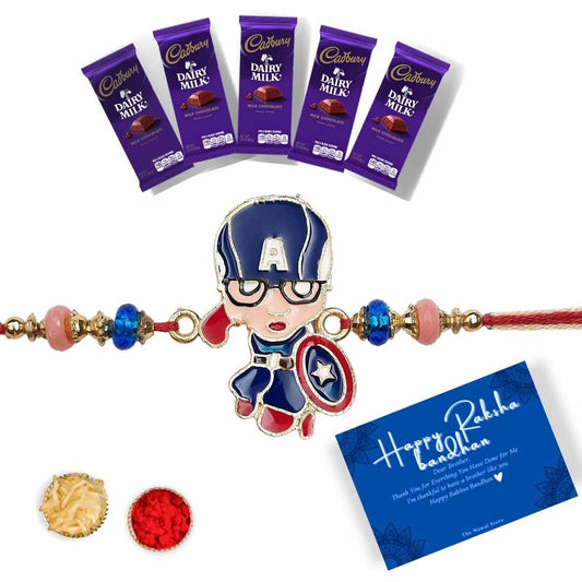 Kids Captain America Rakhi With Chocolates, Thank you Card, Roli & Chawal