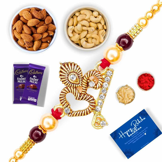 OM RakhiWith Almonds, Cashews, Chocolates, Thank You Card, Roli & Chawal