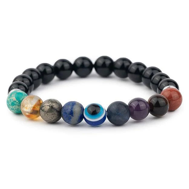 9 Chakra Healing Bracelet with Pyrite & Evil Eye – Balance, Protection & Abundance